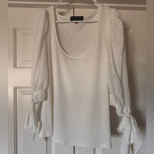 Eloquii White Puff Sleeve Blouse with Tie Front